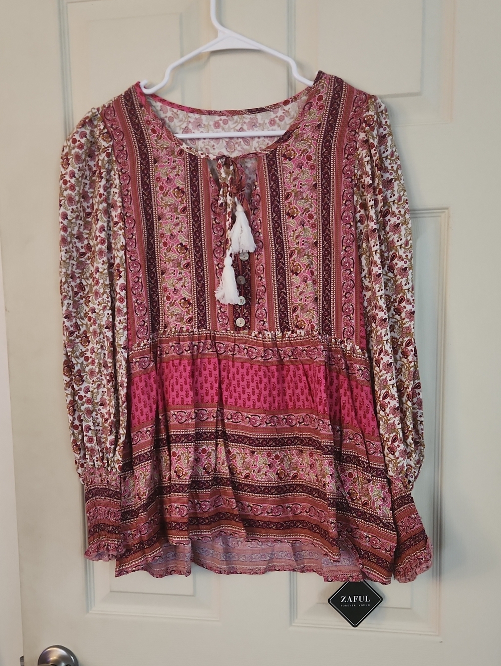 Zaful Pink Floral Boho Tassel Peasant Long Sleeve Top